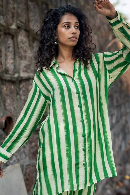 Raas Life_Green Cotton, Silk, Linen Collared Hand Painted Stripe Maira Coord Set _at_Aza_Fashions