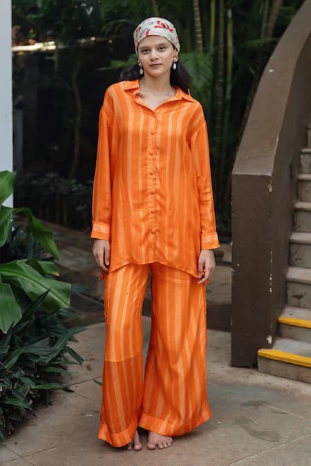 Shop_Raas Life_Orange Cotton, Silk, Linen Collared Hand Painted Stripe Coord Set _Online_at_Aza_Fashions