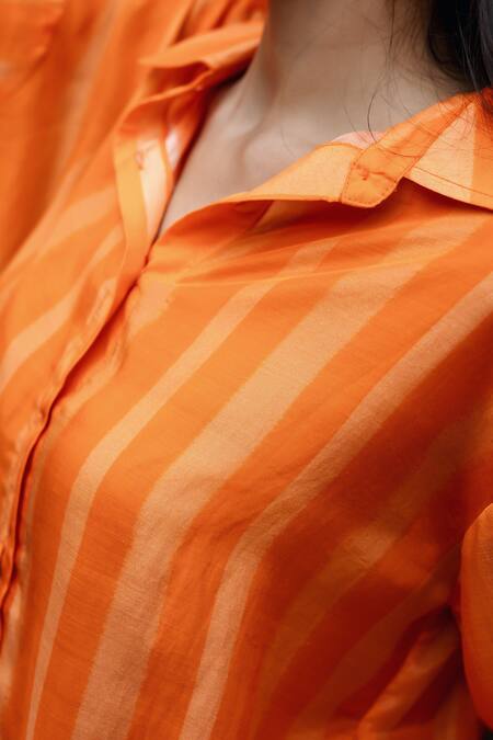 Buy_Raas Life_Orange Cotton, Silk, Linen Collared Hand Painted Stripe Coord Set 