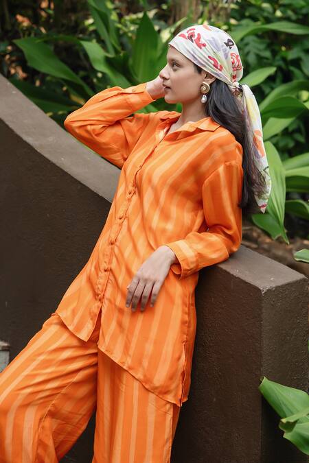 Shop_Raas Life_Orange Cotton, Silk, Linen Collared Hand Painted Stripe Coord Set 