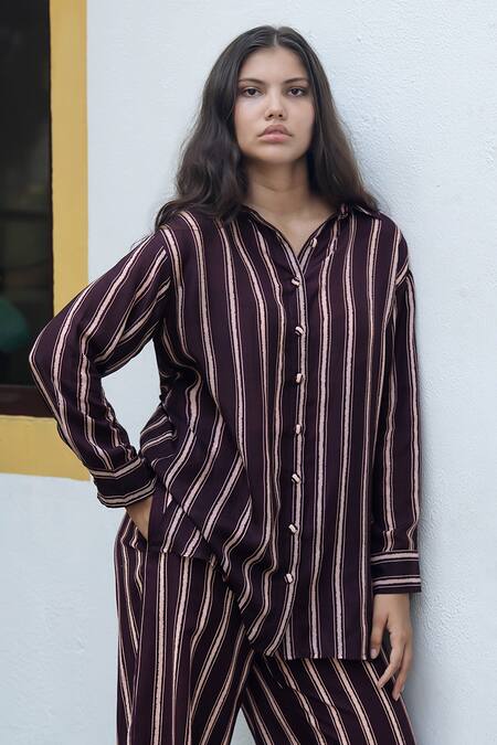 Raas Life_Brown Cotton, Silk, Linen Collared Flasa Colour Hand Painted Stripe Coord Set _Online_at_Aza_Fashions