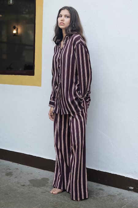 Buy_Raas Life_Brown Cotton, Silk, Linen Collared Flasa Colour Hand Painted Stripe Coord Set _Online_at_Aza_Fashions