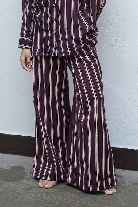 Shop_Raas Life_Brown Cotton, Silk, Linen Collared Flasa Colour Hand Painted Stripe Coord Set _Online_at_Aza_Fashions
