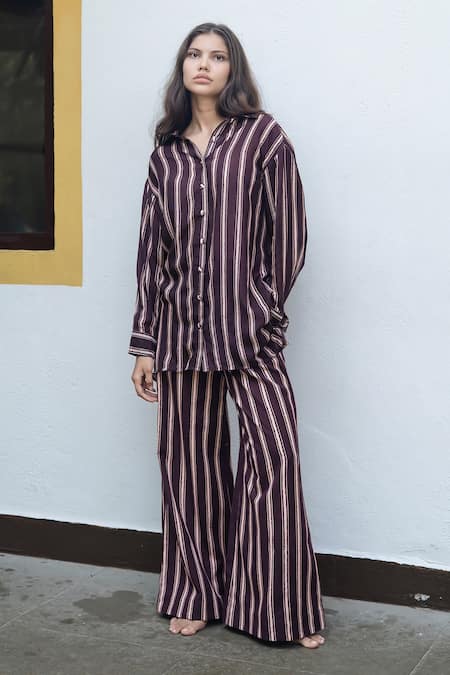 Shop_Raas Life_Brown Cotton, Silk, Linen Collared Flasa Colour Hand Painted Stripe Coord Set _at_Aza_Fashions