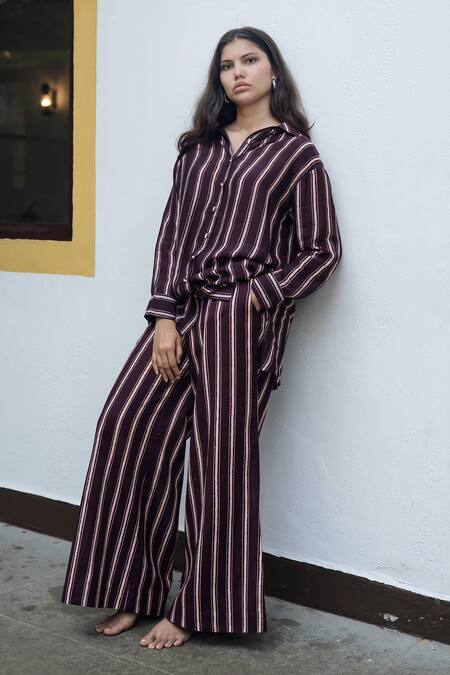 Raas Life_Brown Cotton, Silk, Linen Collared Flasa Colour Hand Painted Stripe Coord Set _at_Aza_Fashions