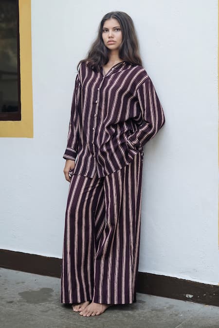 Buy_Raas Life_Brown Cotton, Silk, Linen Collared Flasa Colour Hand Painted Stripe Coord Set 
