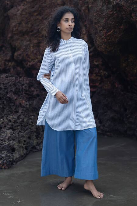 Shop_Raas Life_White Mandarin Collar Madras Striped Kurta And Chambray Culottes Set _at_Aza_Fashions