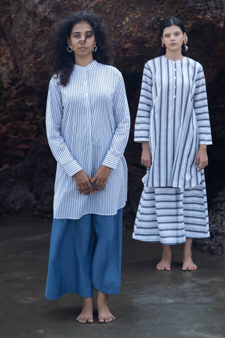 Shop_Raas Life_White Mandarin Collar Madras Striped Kurta And Chambray Culottes Set _Online_at_Aza_Fashions