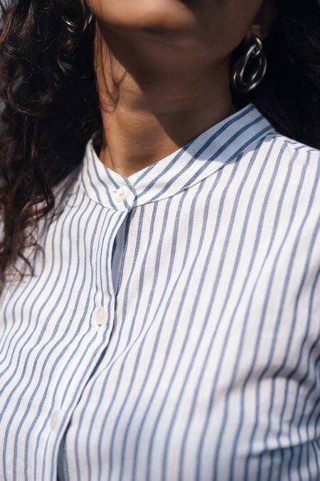 Raas Life_White Mandarin Collar Madras Striped Kurta And Chambray Culottes Set _at_Aza_Fashions