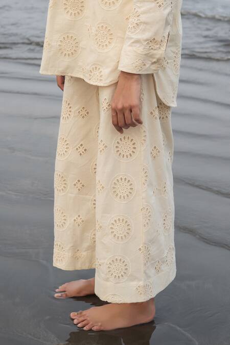 Raas Life_Cream Embroidery Mandarin Collar Hakoba Tunic And Culottes Set _Online_at_Aza_Fashions