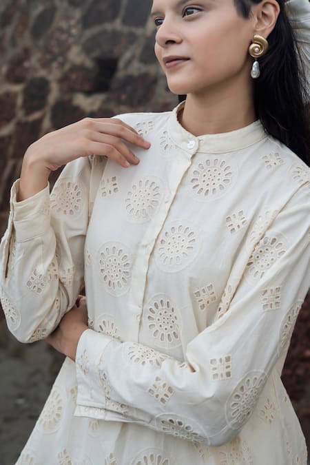 Shop_Raas Life_Cream Embroidery Mandarin Collar Hakoba Tunic And Culottes Set _Online_at_Aza_Fashions