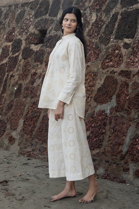 Shop_Raas Life_Cream Embroidery Mandarin Collar Hakoba Tunic And Culottes Set _at_Aza_Fashions