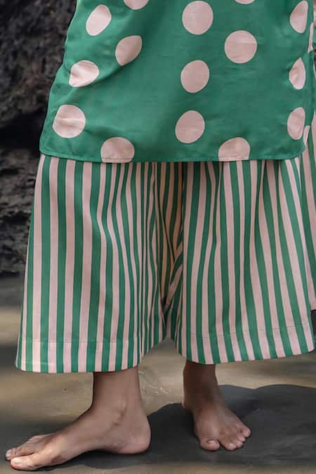 Raas Life_Green Linen, Cotton Round Neck Polka Dot And Striped Kurta Set _Online_at_Aza_Fashions