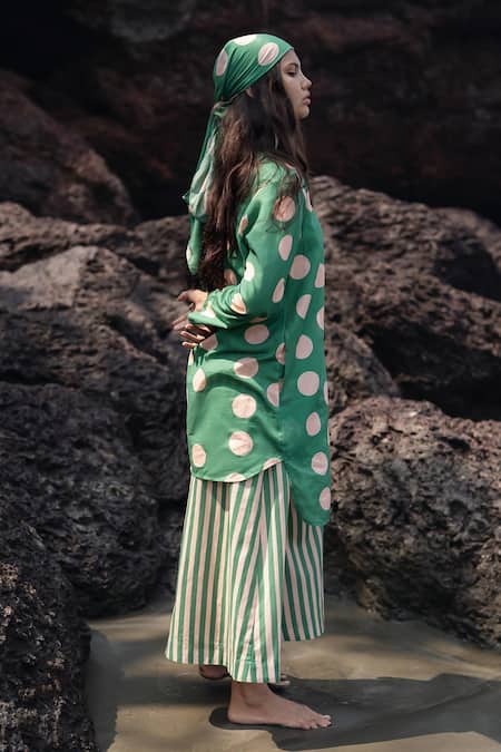 Shop_Raas Life_Green Linen, Cotton Round Neck Polka Dot And Striped Kurta Set _at_Aza_Fashions