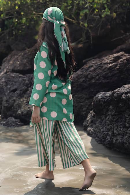 Shop_Raas Life_Green Linen, Cotton Round Neck Polka Dot And Striped Kurta Set _Online_at_Aza_Fashions