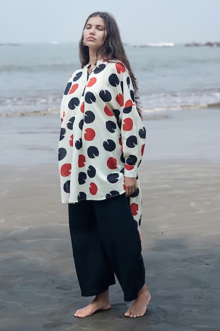 Buy_Raas Life_Multi Color Linen, Cotton Collared Salvia Polka Kurta Set _Online_at_Aza_Fashions