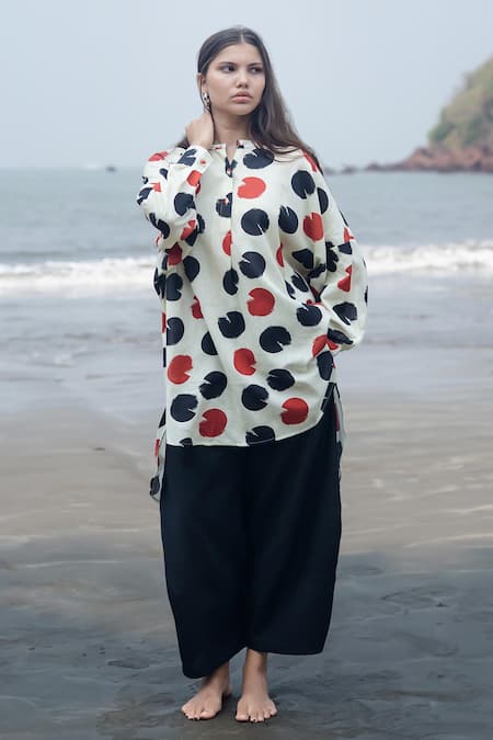 Shop_Raas Life_Multi Color Linen, Cotton Collared Salvia Polka Kurta Set _Online_at_Aza_Fashions