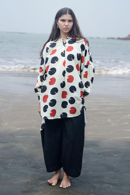Shop_Raas Life_Multi Color Linen, Cotton Collared Salvia Polka Kurta Set _at_Aza_Fashions