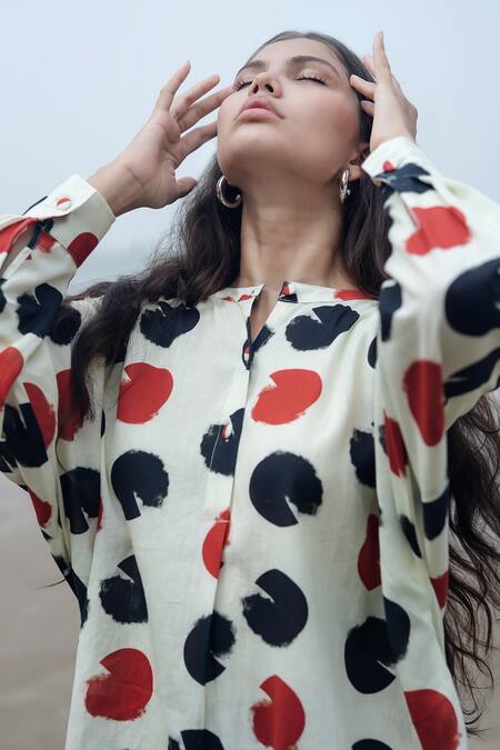 Buy_Raas Life_Multi Color Linen, Cotton Collared Salvia Polka Kurta Set 