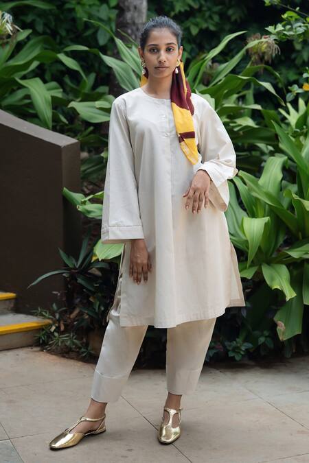 Shop_Raas Life_Beige Linen, Cotton Round Neck Iris Tunic Kurta Set _at_Aza_Fashions