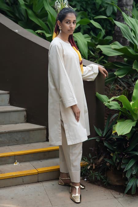 Shop_Raas Life_Beige Linen, Cotton Round Neck Iris Tunic Kurta Set _Online_at_Aza_Fashions