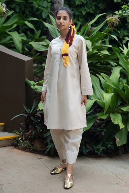 Raas Life_Beige Linen, Cotton Round Neck Iris Tunic Kurta Set _at_Aza_Fashions