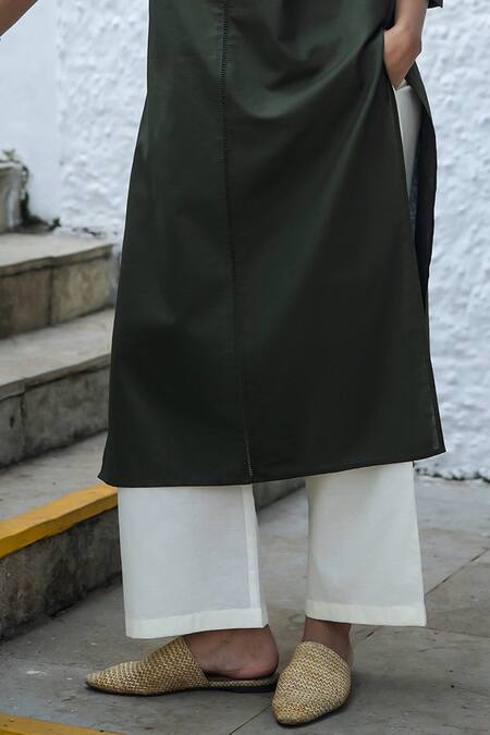 Raas Life_Green Linen, Cotton V-neck Military Masu Coord Set _Online_at_Aza_Fashions