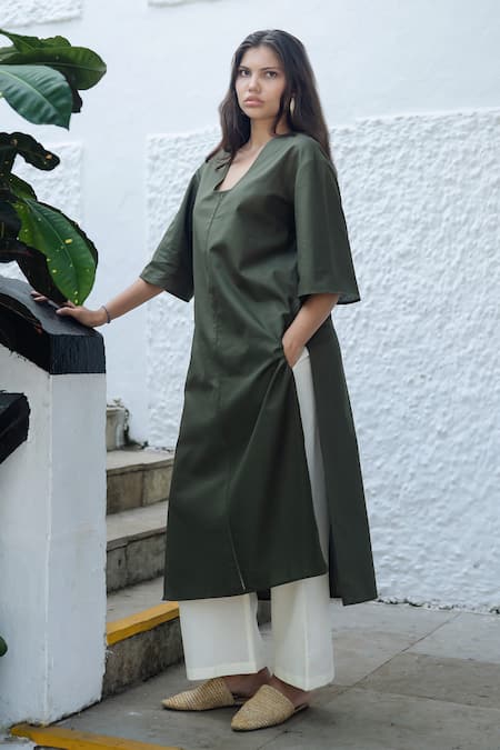 Buy_Raas Life_Green Linen, Cotton V-neck Military Masu Coord Set _Online_at_Aza_Fashions