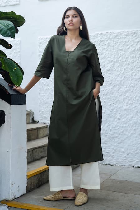 Shop_Raas Life_Green Linen, Cotton V-neck Military Masu Coord Set _at_Aza_Fashions