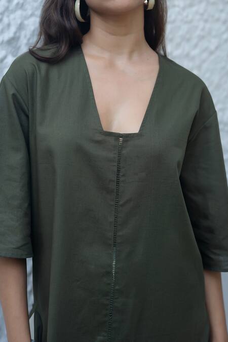 Shop_Raas Life_Green Linen, Cotton V-neck Military Masu Coord Set _Online_at_Aza_Fashions
