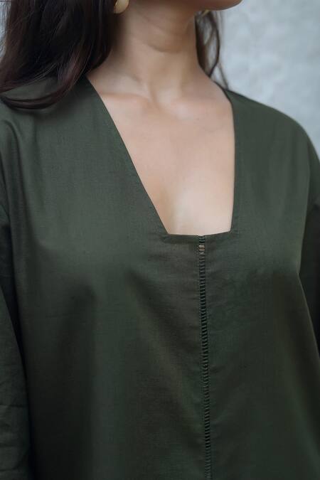 Raas Life_Green Linen, Cotton V-neck Military Masu Coord Set _at_Aza_Fashions