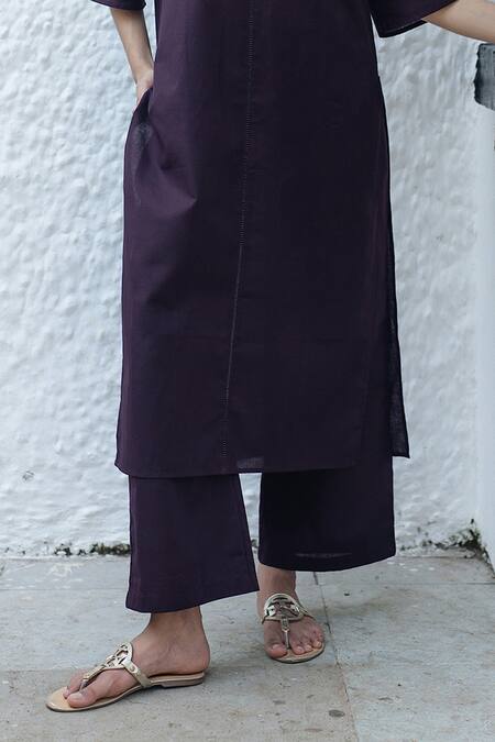 Raas Life_Purple Linen, Cotton V-neck Masu Fagotting Detail Tunic And Trouser Set _Online_at_Aza_Fashions