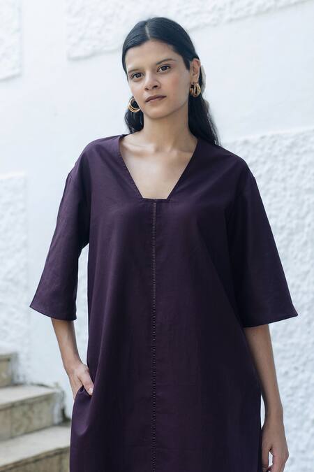 Buy_Raas Life_Purple Linen, Cotton V-neck Masu Fagotting Detail Tunic And Trouser Set _Online_at_Aza_Fashions