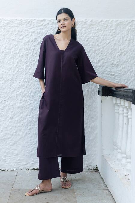 Shop_Raas Life_Purple Linen, Cotton V-neck Masu Fagotting Detail Tunic And Trouser Set _at_Aza_Fashions
