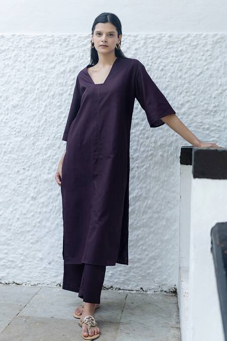 Shop_Raas Life_Purple Linen, Cotton V-neck Masu Fagotting Detail Tunic And Trouser Set _Online_at_Aza_Fashions