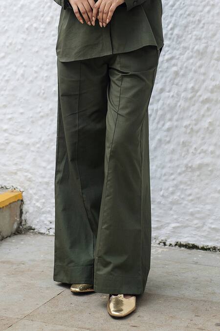 Raas Life_Green Linen, Cotton Collared Roma Military Shirt And Pant Set _Online_at_Aza_Fashions