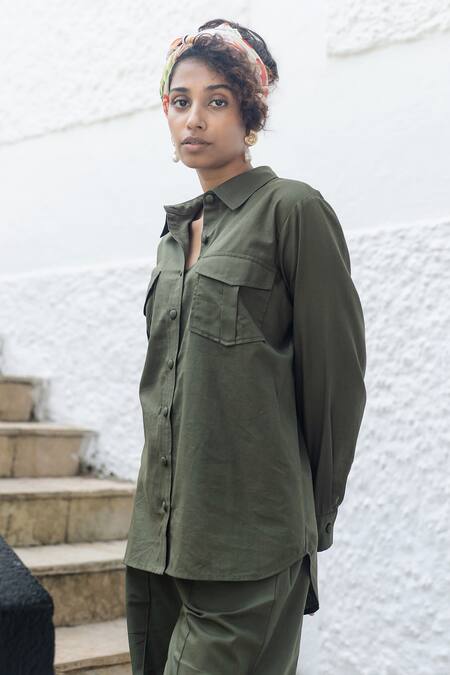 Buy_Raas Life_Green Linen, Cotton Collared Roma Military Shirt And Pant Set _Online_at_Aza_Fashions