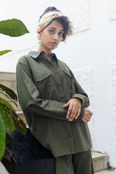 Shop_Raas Life_Green Linen, Cotton Collared Roma Military Shirt And Pant Set _Online_at_Aza_Fashions