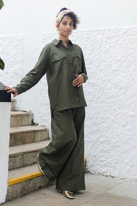 Shop_Raas Life_Green Linen, Cotton Collared Roma Military Shirt And Pant Set _at_Aza_Fashions