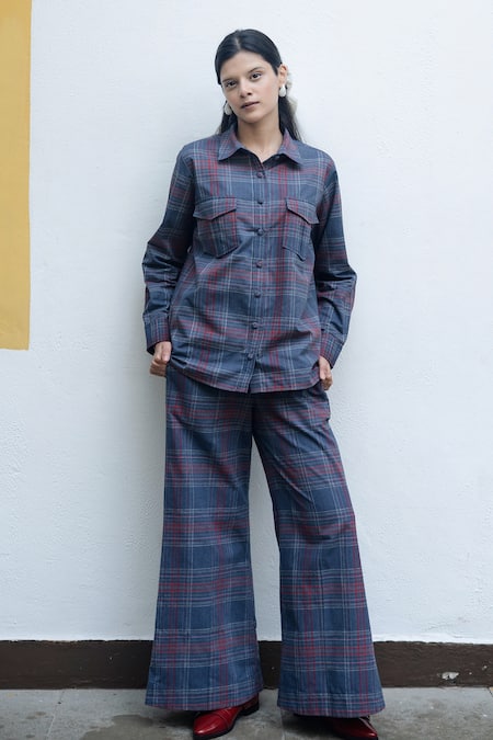 Buy_Raas Life_Blue Cotton, Chiffon Collared Plaid Chambray Shirt And Bell Trouser Set _Online_at_Aza_Fashions