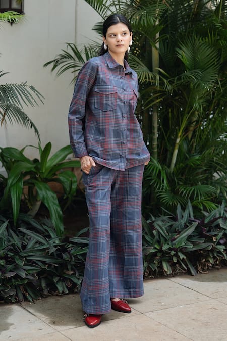 Shop_Raas Life_Blue Cotton, Chiffon Collared Plaid Chambray Shirt And Bell Trouser Set _Online_at_Aza_Fashions