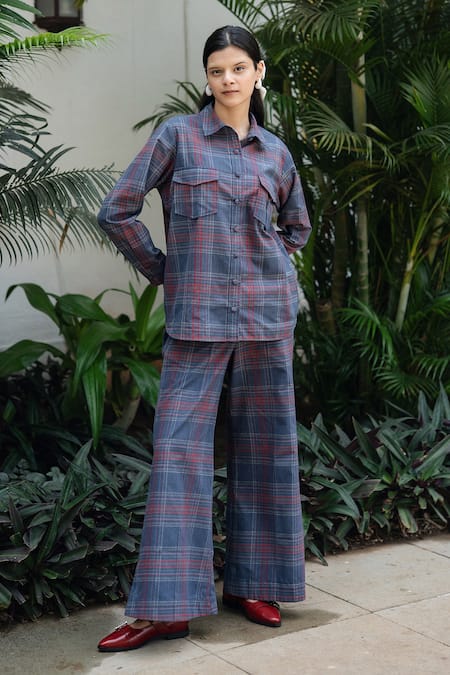 Shop_Raas Life_Blue Cotton, Chiffon Collared Plaid Chambray Shirt And Bell Trouser Set _at_Aza_Fashions