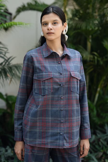 Raas Life_Blue Cotton, Chiffon Collared Plaid Chambray Shirt And Bell Trouser Set _at_Aza_Fashions