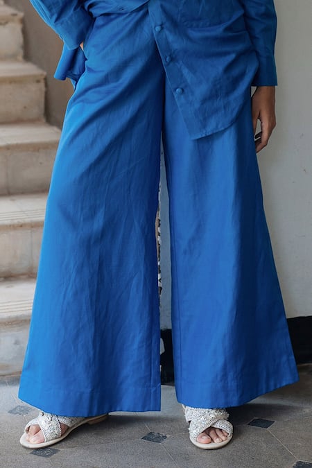 Raas Life_Blue Linen, Cotton Collared Electric Korea Shirt Set _Online_at_Aza_Fashions