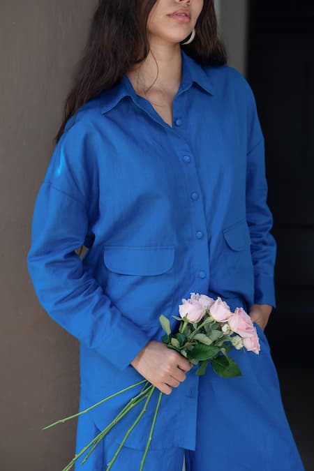 Buy_Raas Life_Blue Linen, Cotton Collared Electric Korea Shirt Set _Online_at_Aza_Fashions