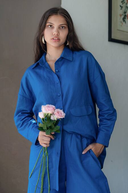 Shop_Raas Life_Blue Linen, Cotton Collared Electric Korea Shirt Set _Online_at_Aza_Fashions