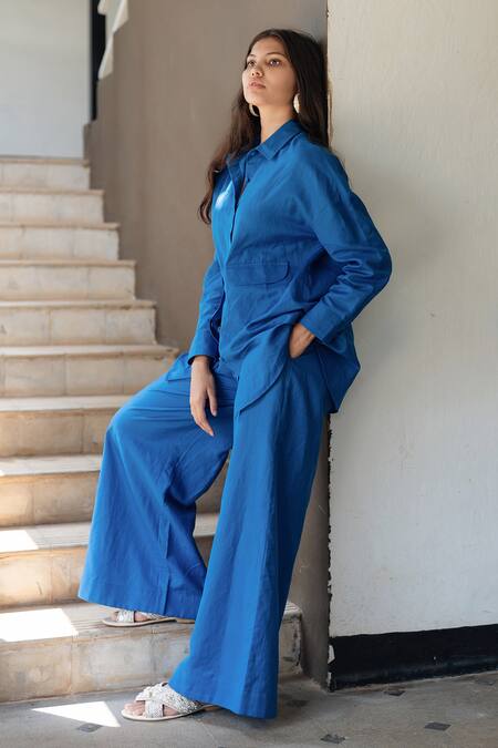 Shop_Raas Life_Blue Linen, Cotton Collared Electric Korea Shirt Set _at_Aza_Fashions
