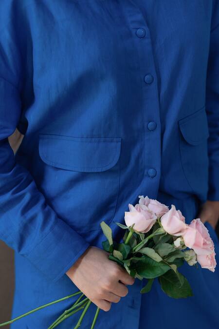 Raas Life_Blue Linen, Cotton Collared Electric Korea Shirt Set _at_Aza_Fashions