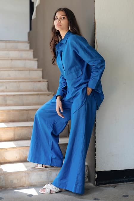 Buy_Raas Life_Blue Linen, Cotton Collared Electric Korea Shirt Set 