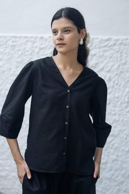 Raas Life_Black Linen, Cotton V-neck Missu Coord Set _Online_at_Aza_Fashions